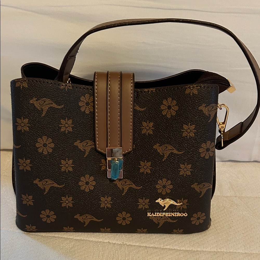 Brown Patterned Top-Handle Shoulder Bag